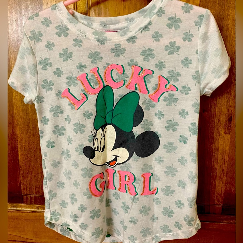 Disney brand Minnie Mouse Lucky Girl tee. Size 4T, never worn. Shamrocks